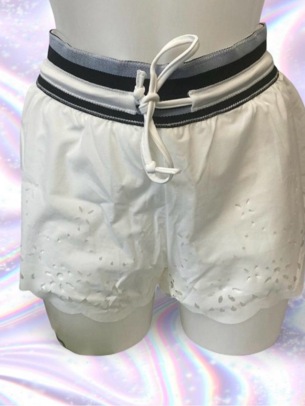 Free People White Eyelet High-Waist Shorts with Black Contrast Waistband